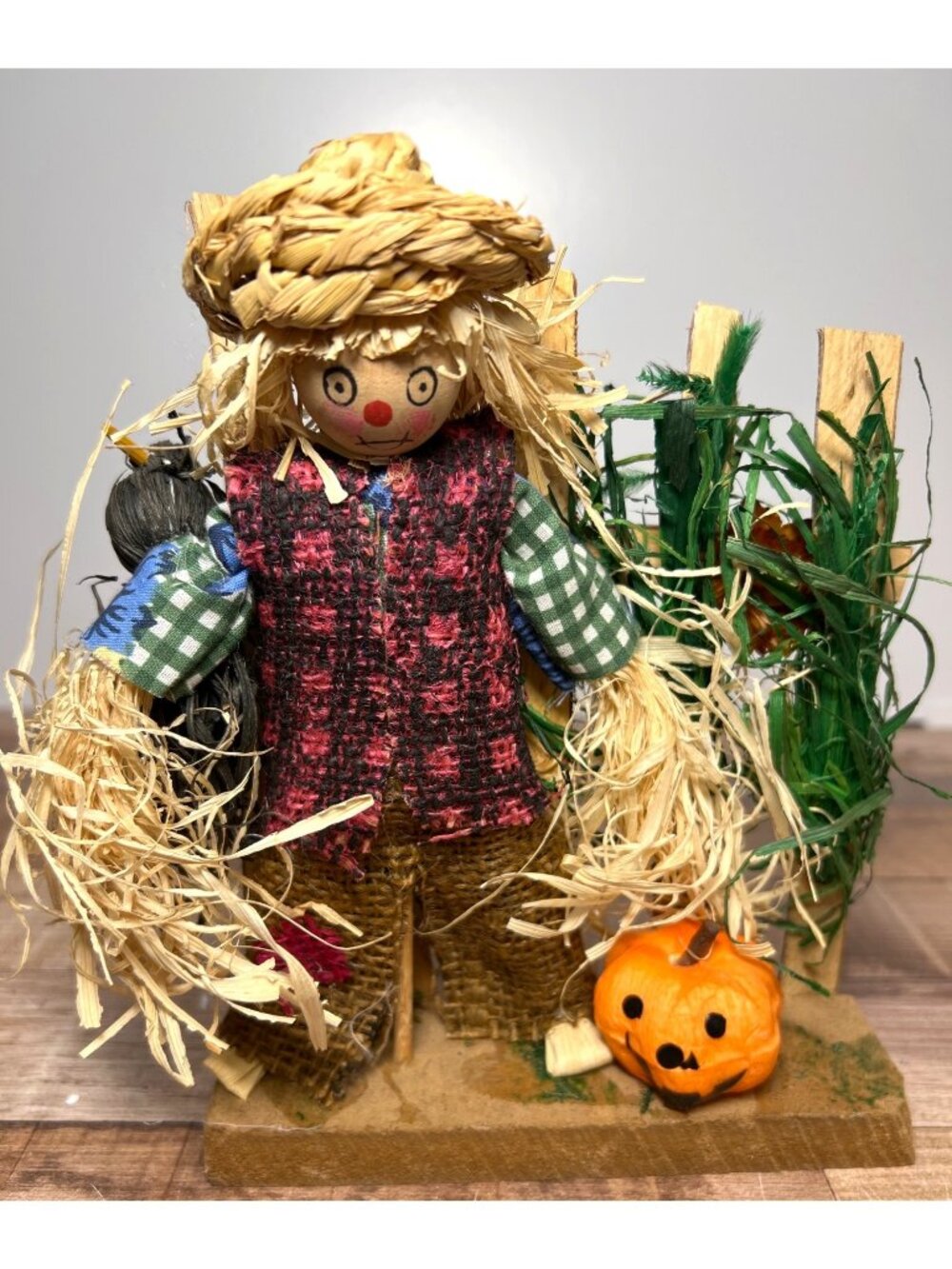 Handcrafted Rustic Scarecrow Figurine With Pumpkin & Wooden Fence